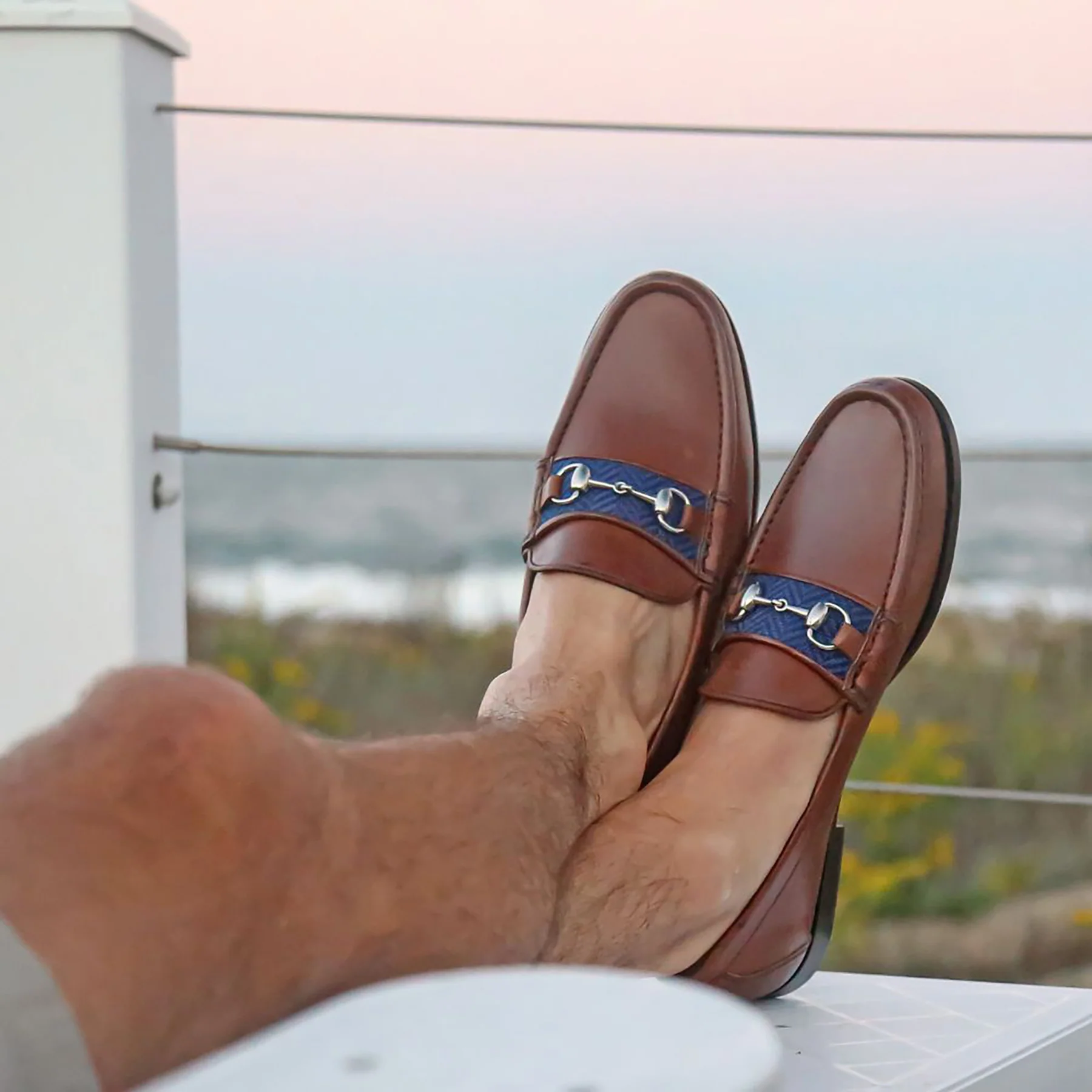 Herringbone Downing Bit Loafers (Navy) (Chestnut Leather) - Image 6