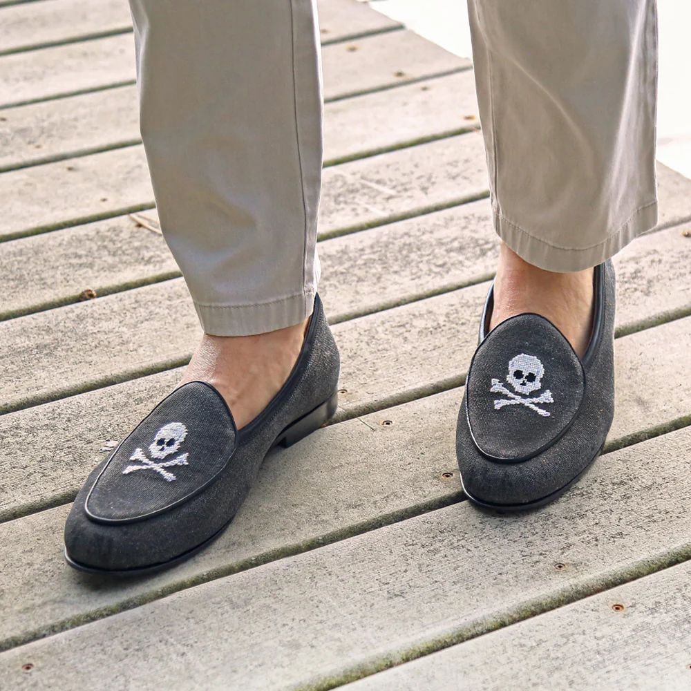 Jolly Roger Canvas Belgian Loafers (Charcoal Canvas) (Black Leather) - Image 6