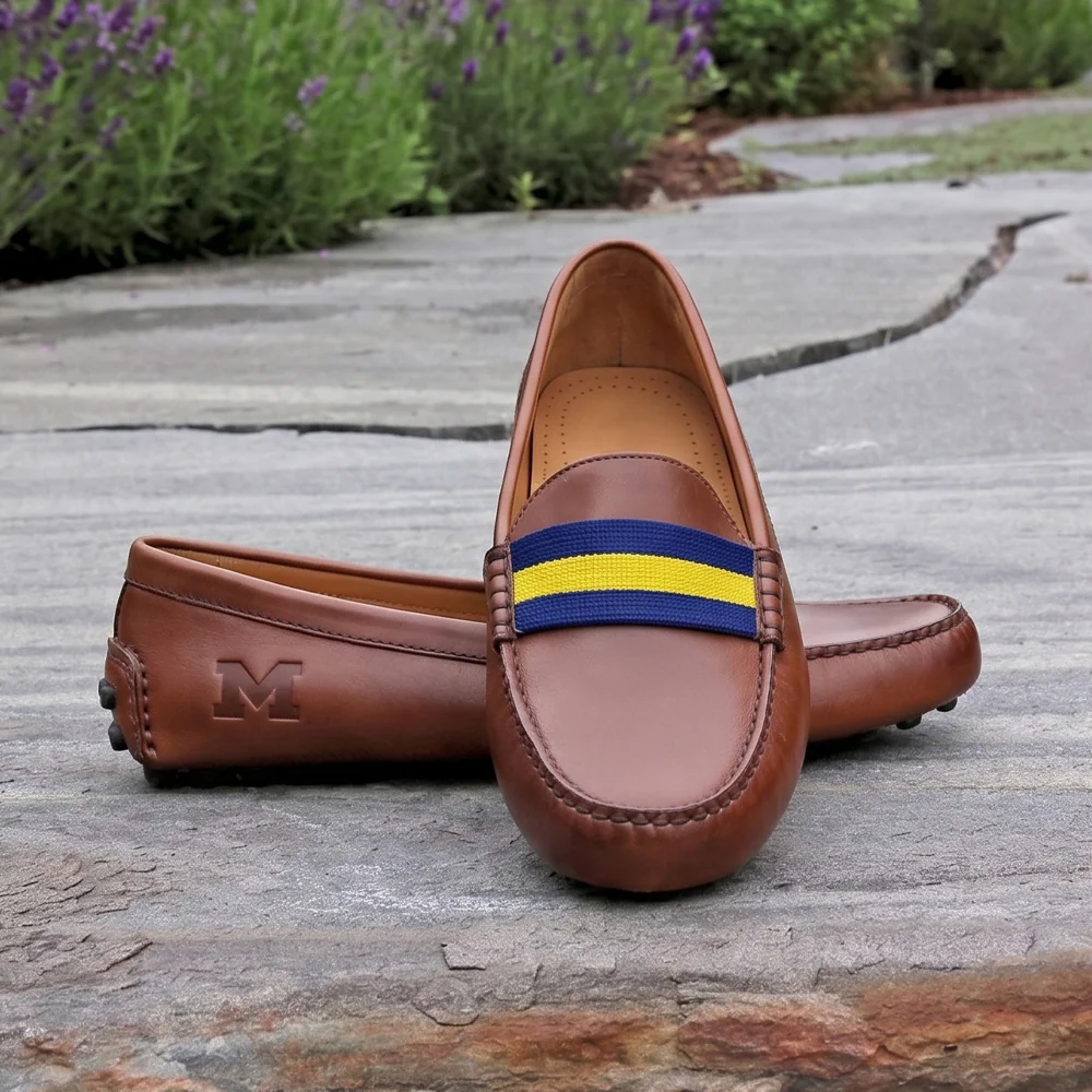 Michigan Surcingle Driving Shoes (Classic Navy-Yellow) (Chestnut Leather-Logo) - Image 6