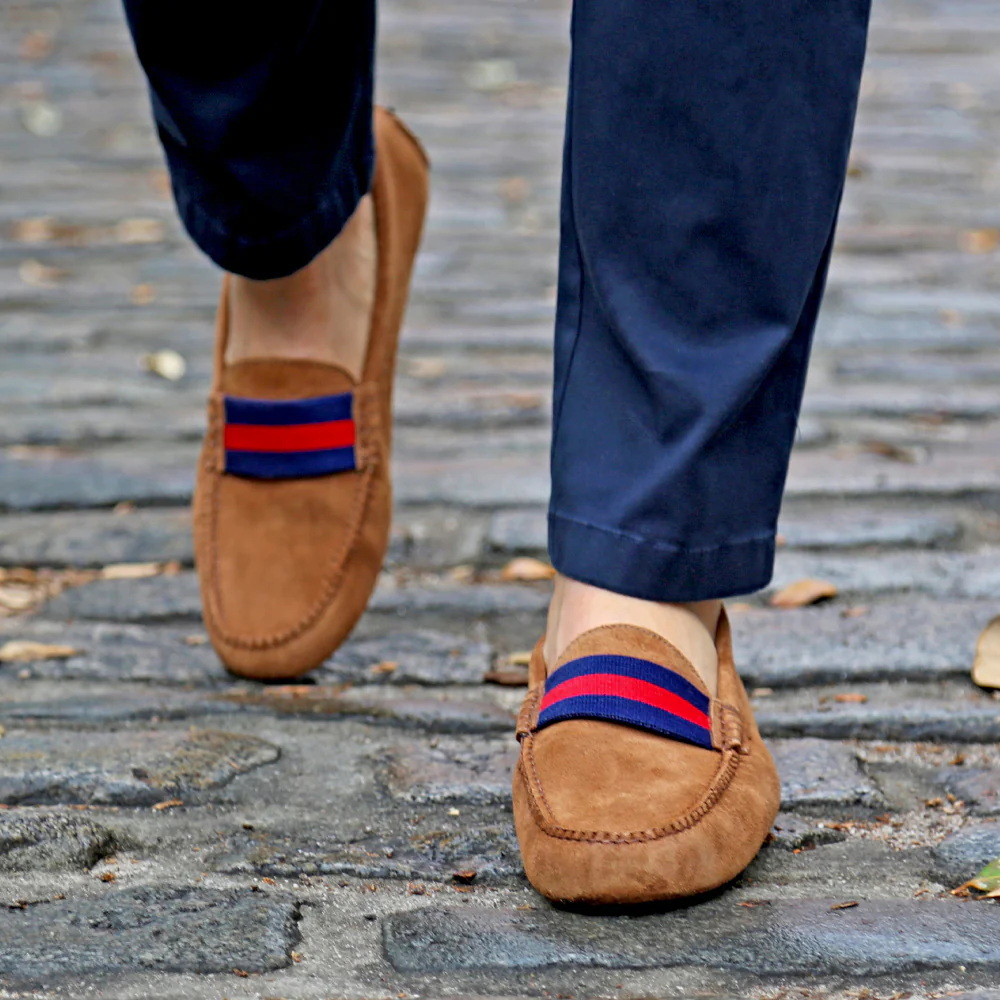 Surcingle Driving Shoes (Dark Navy-Red) (Cognac Suede) - Image 6