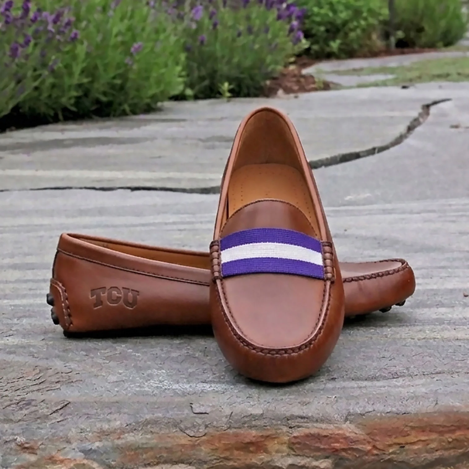 TCU Surcingle Driving Shoes (Purple-White) (Chestnut Leather-Logo) - Image 6