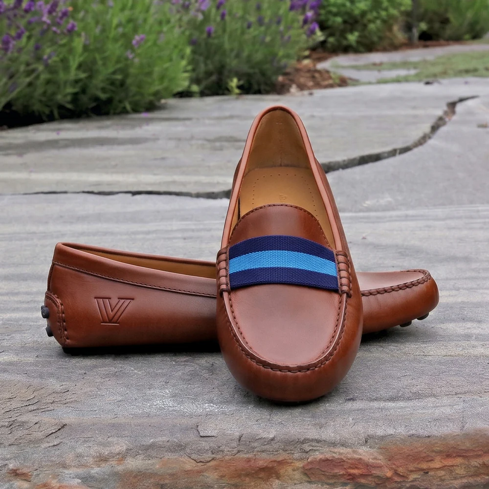 Villanova Surcingle Driving Shoes (Classic Navy-Azure) (Chestnut Leather-Logo) - Image 6